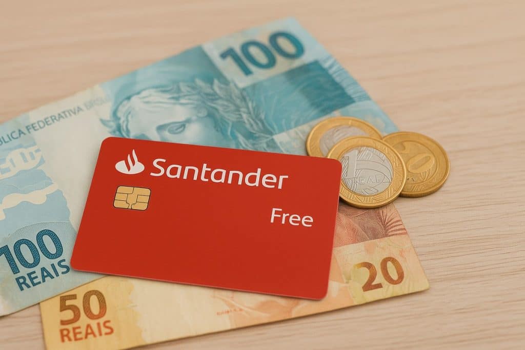 Um cartão de crédito vermelho do Santander Free apoiado sobre notas de 20, 50 e 100 reais, além de moedas de 1 real, dispostos sobre uma superfície de madeira clara. A imagem destaca o cartão em foco e transmite um conceito de finanças pessoais e consumo consciente.
