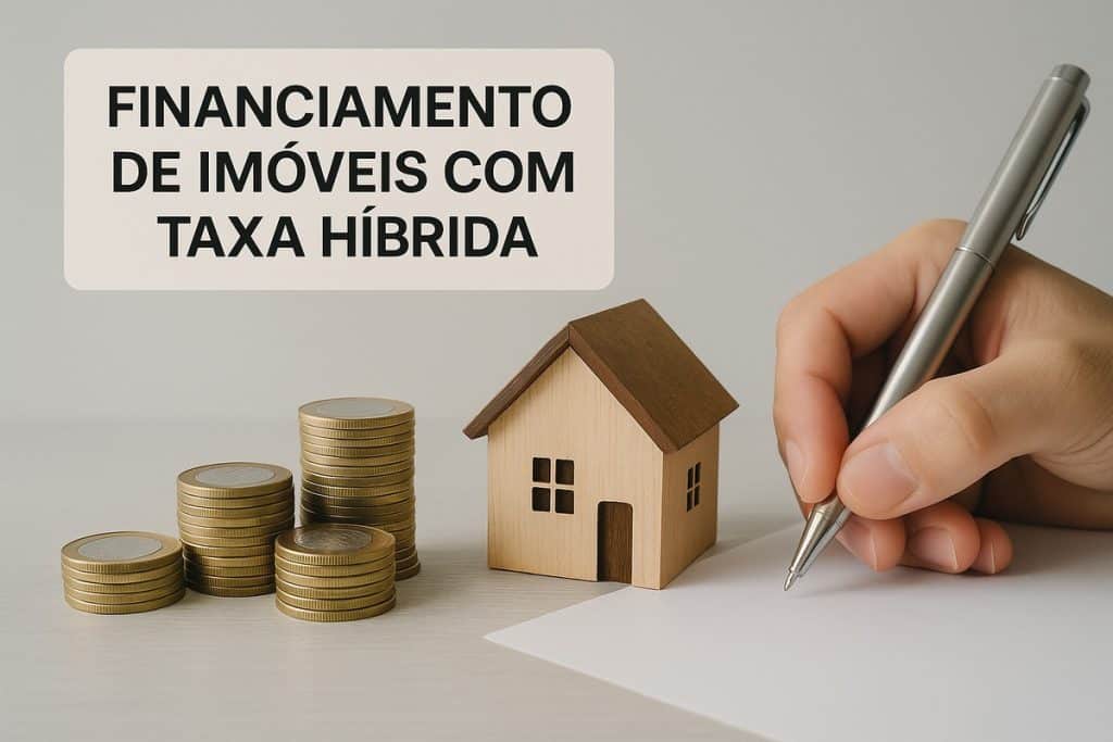 Três pilhas de moedas douradas crescentes estão alinhadas sobre uma mesa clara, ao lado de uma pequena casa de madeira e uma mão segurando uma caneta prateada prestes a assinar um documento. Acima, o texto “Financiamento de imóveis com taxa híbrida” aparece em destaque. A cena transmite o conceito de investimento, crédito imobiliário e planejamento financeiro.