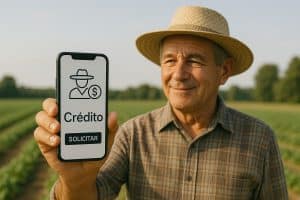 A foto mostra um agricultor em meio a uma plantação, segurando um smartphone que exibe uma interface simples para solicitar crédito rural. Ele usa camisa xadrez e chapéu de palha, e aparece sorrindo levemente enquanto olha para o aparelho. O fundo natural, desfocado, reforça a ideia de união entre o trabalho no campo e o uso de tecnologia para acesso a financiamento.